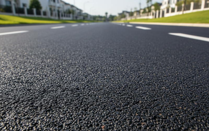 Permukaan aspal hotmix AC-WC yang halus dan rapi untuk area parkir